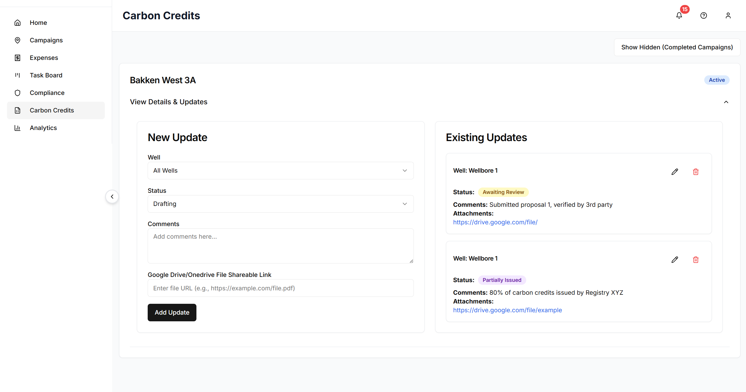 Carbon Credits Dashboard - Campaign Management